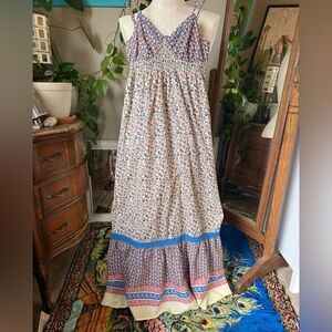 Quiksilver Boho Floral Maxi Dress with Crochet Blue Border, size XS